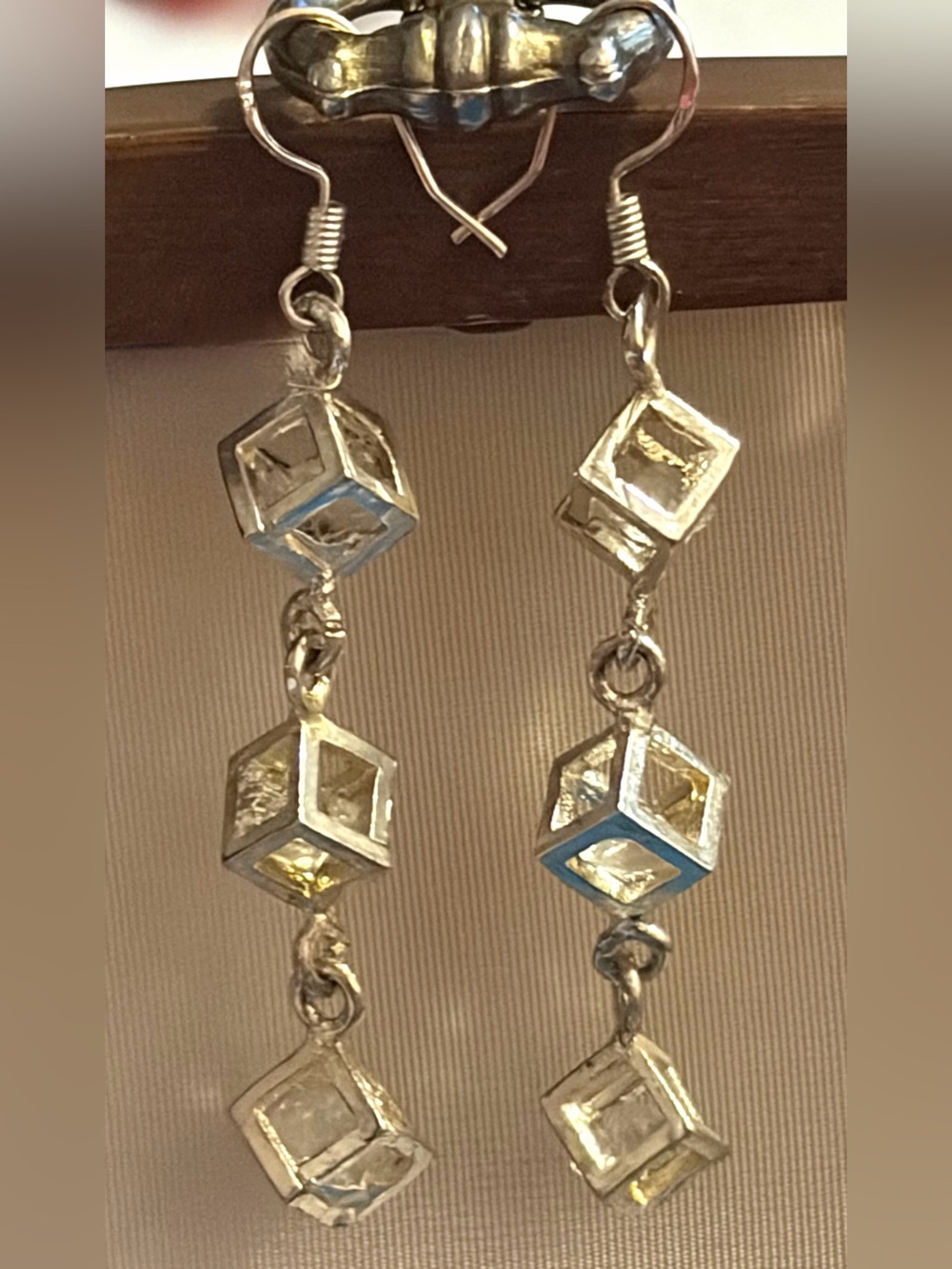 💎Silver Tone Triple Open Cube Dangle Drop Earrings Rhinestone